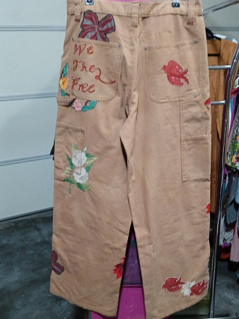 Free People "Bright Time Craft" Tan Embroidered Floral Wide-Leg Jeans - Picture 12 of 14